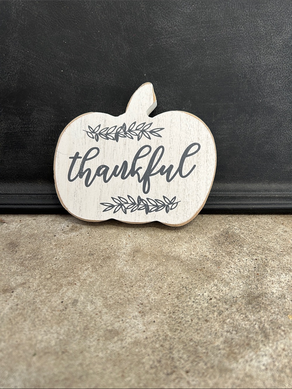 Thankful Wooden Pumpkin Shelf Sign - White with Gray Script